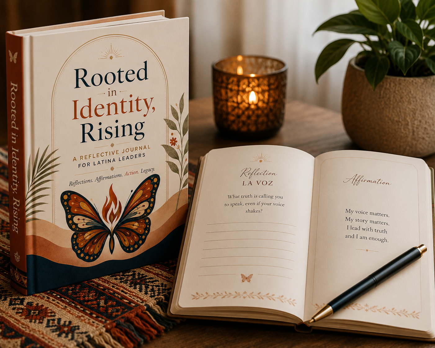 An open journal beside a lit candle in warm light — the MijaLumbre framework as a leadership practice.